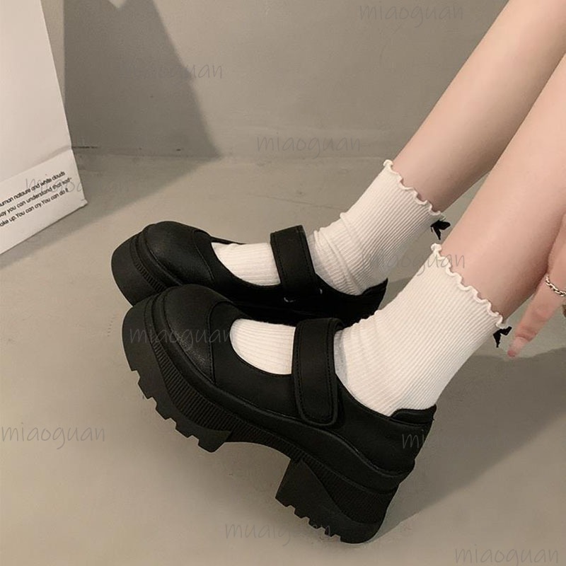 Women'S Shoes Loafers Black - Czarne Retro Podwyższające Grube Skórzane Mokasyny