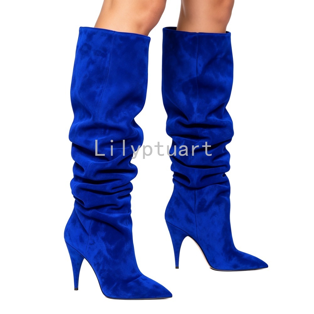 Women'S Shoes Navy Blue - Damskie niebieskie zamszowe botki za kolano,