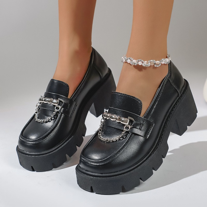 Women'S Shoes Loafers Black - Modne mokasyny na platformie z metalowym
