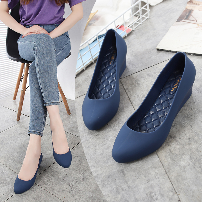 Women'S Shoes Navy Blue - Damskie granatowe buty na koturnie z