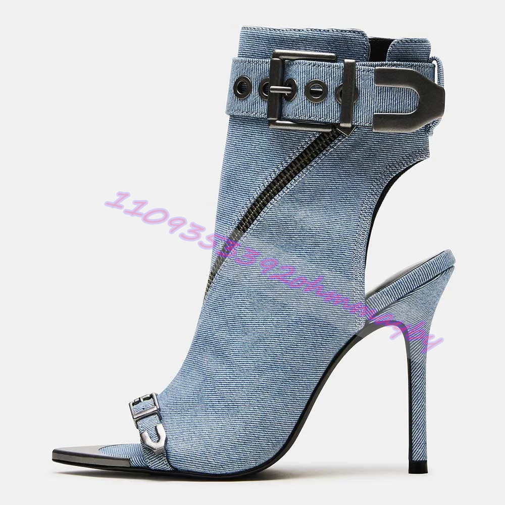 Women'S Shoes Navy Blue - Letnie niebieskie dżinsowe botki z ostrym